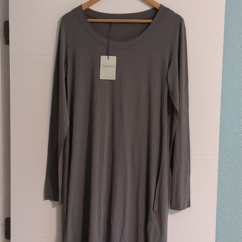 Transit Par Such Gray Long Sleeve Minimalist Contemporary A Line Stretchy Dress
